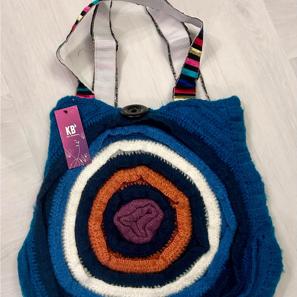 Blue and Orange Knitted Tote Bag with Spiral Design